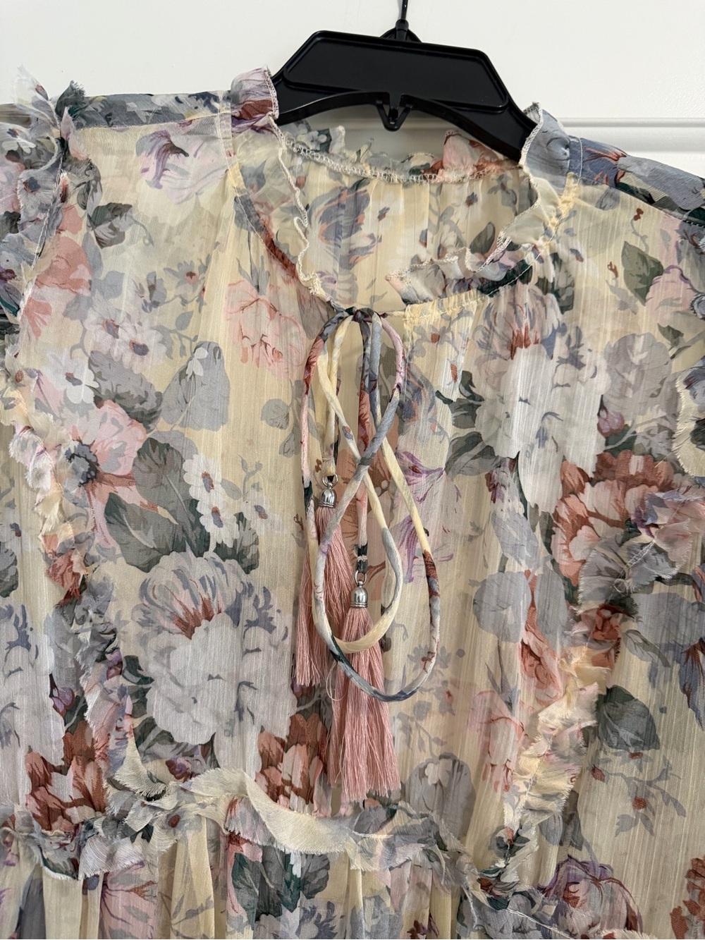 Sheer Floral Ruffle Tassel Blouse - Pastel Floral